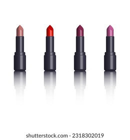 Set aus mehrfarbigem Lippenstift einzeln auf weißem Hintergrund, 3D-Vektorgrafik.