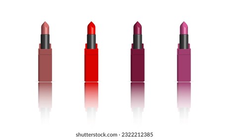 Conjunto de lápiz labial multicolor aislado en fondo blanco, ilustración vectorial 3D.