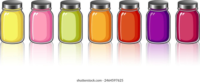 Set of multi-colored liquids.Vector illustration with colorful liquids in glass jars with reflection.