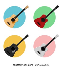 A set of multicolored logos in the shape of a circle with acoustic guitars. EPS 10 vector illustration. 