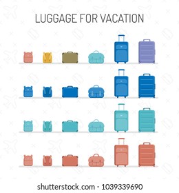 A set of multicolored luggage of various sizes for vacation, isolated on a white background. Vector illustration.