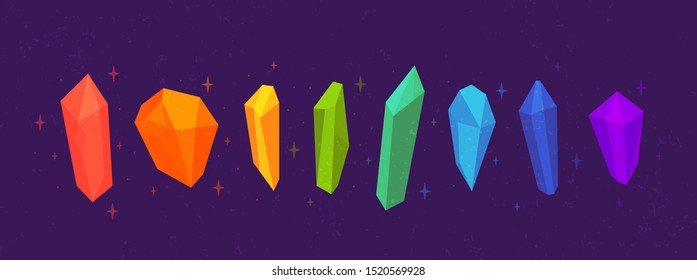 Set of multi-colored magic witch's rainbow crystals of different shapes. Flat vector illustration.