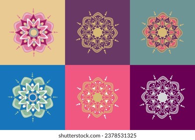 Set of multi-colored mandalas on colored square backgrounds