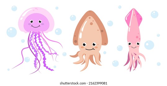 Conjunto de habitantes marinos multicolores al estilo de las caricaturas. Imagen vectorial de personajes encantadores medusas, sepias, calamares con burbujas alrededor.