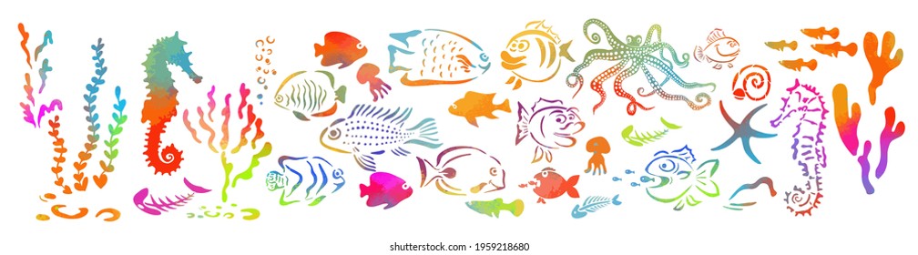 Set of multicolored marine life. Vector illustration of set of sea creatures