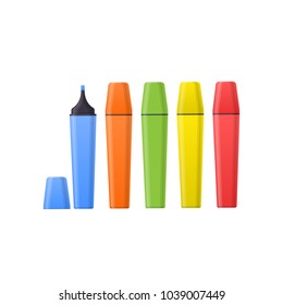 Set multi-colored markers for drawing paintings and images. Realistic markers for artistic creative works. Art, hobby, occupation. Tools and accessories. Vector illustration isolated.