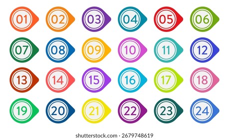 Um conjunto de marcadores multicoloridos com números de 0 a 24 . Círculos e números multicoloridos. Um conjunto de marcadores com números. Ícones planos vetoriais isolados em um plano de fundo branco