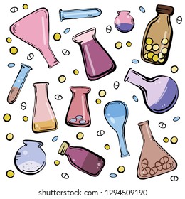 A set of multicolored medical bottles, flasks with medicines. Isolated on white background. Cute style.