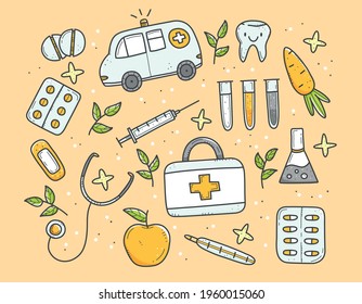 Set of multicolored medical items in doodle style, thermometer, syringe, flask, pills, vitamins, ambulance. Vector color doodle illustrations isolated on background.