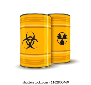 Set of multi-colored metal barrels on a white background. Containers for liquid products. Element of design. Steel barrels with signs of radiation and biological hazard. Vector illustration