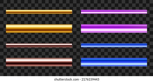 Set of multicolored metal pipes. Realistic vector illustration isolated on transparent background.