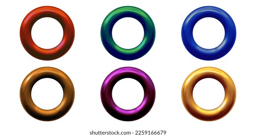 A set of multicolored metal or plastic rings or rivets for curtains, clothing, paper, stickers or tags. 3d vector illustration  isolated on white background.