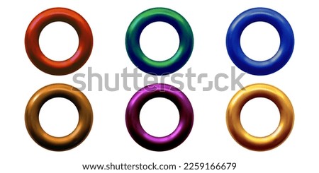 A set of multicolored metal or plastic rings or rivets for curtains, clothing, paper, stickers or tags. 3d vector illustration  isolated on white background.