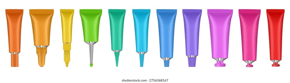 Set of multicolored metal tubes. Realistic mockup. Long nozzle tube for ointment or salve. Gel or serum. Korean cosmetic packaging. Toothpaste or hand cream