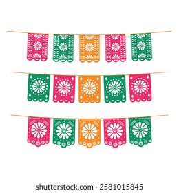 Set of multicolored Mexican flags. Decorations for holidays, weddings, parties, birthdays in Mexican style. Isolated vector illustration.