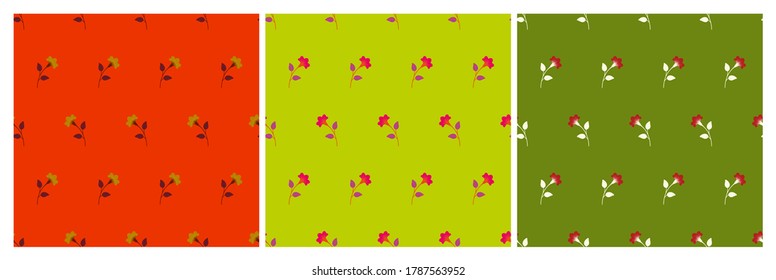 Set of multicolored minimalist repeat botanical patterns. Horizontal rows of flowers with stems and leaves. Symmetrical geometric seamless patterns. Vector illustration.