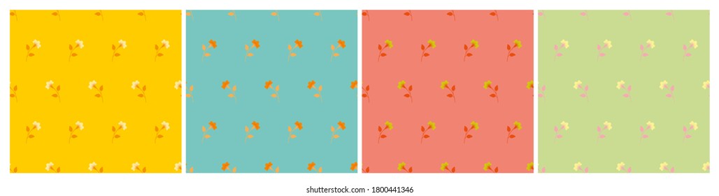 Set of multicolored minimalist repeat botanical patterns. Horizontal rows of flowers with stems and leaves. Symmetrical geometric seamless patterns. Vector illustration.