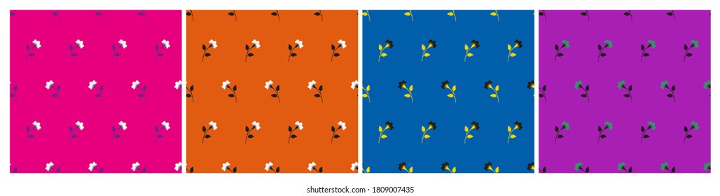 Set of multicolored minimalist repeat botanical patterns. Horizontal rows of flowers with stems and leaves. Symmetrical geometric seamless patterns. Vector illustration.