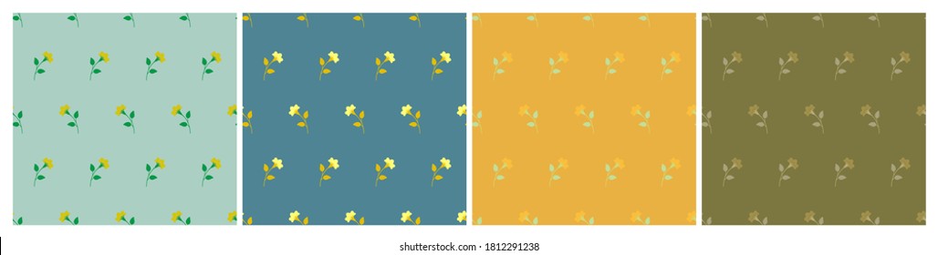 Conjunto de patrones botánicos de repetición multicolores minimalistas. Filas horizontales de flores con tallos y hojas. Patrones geométricos simétricos sin costura. Ilustración vectorial.