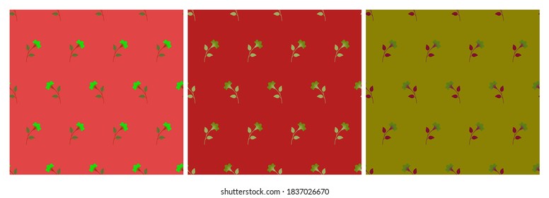 Set of multicolored minimalist repeat botanical patterns. Horizontal rows of flowers with stems and leaves. Symmetrical geometric seamless patterns. Vector illustration.