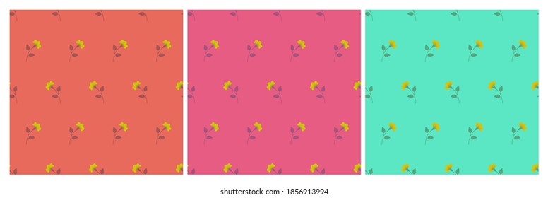 Set of multicolored minimalist repeat botanical patterns. Horizontal rows of flowers with stems and leaves. Symmetrical geometric seamless patterns. Vector illustration.