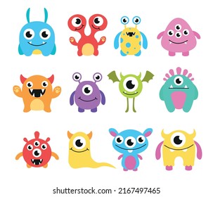 Conjunto de monstruos multicolores al estilo de las caricaturas. Ilustración vectorial de los encantadores personajes infantiles monstruos de diferentes formas.