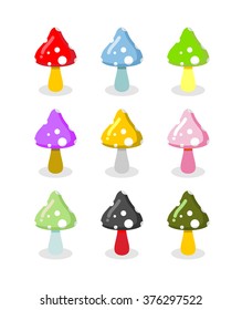 Set of multicolored mushrooms. Colored toxic poisonous toadstools 