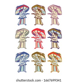 Set of multi-colored mushrooms with flutes. Vector illustration. On white background.
