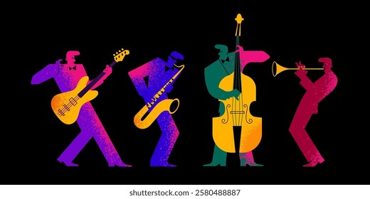 set of multicolored musicians with a texture on a black background. abstract textured silhouettes of musicians with musical instruments. stock vector illustration. EPS 10.