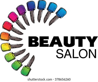 Set of multicolored nail polish bottles with the word salon. Concept logo design