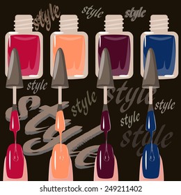 Set of multicolored nail polish brushes. vector