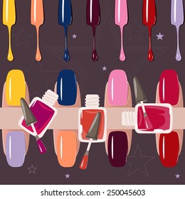 Set of multicolored nail polish brushes. vector