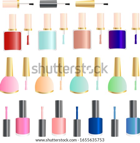 Set of multi-colored nail polishes with brushes.