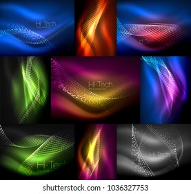 Set of multicolored neon smoke particles waves, vector abstract backgrounds, digital flow wave concept with particles in motion, big data idea. Abstract color shiny light smoke effect geometric
