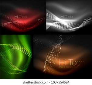 Conjunto de ondas de partículas de humo de neón multicolores, fondos abstractos vectoriales, concepto de onda de flujo digital con partículas en movimiento, idea de big data. Efecto de humo de luz brillante de color abstracto geométrico