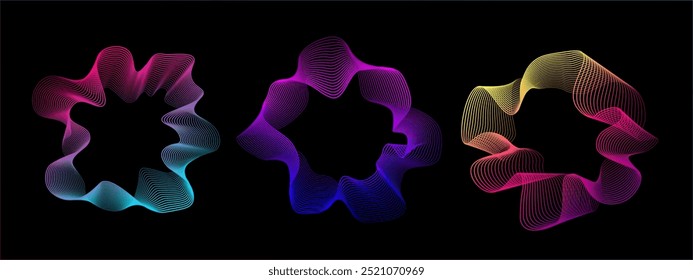 Um conjunto de ondas sonoras neon multicoloridas. Linhas de som, espectro radial, equalizadores de som. Fundo do equalizador colorido. Quadro ondulado geométrico circular. Espectro radial vetorial.