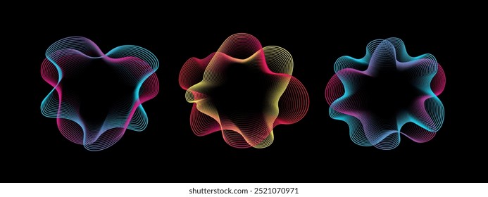 Un conjunto de ondas sonoras de neón multicolores. Líneas de sonido, espectro radial, . Fondo de ecualizador colorido. Cubierta colorida para el cartel de la música y el Anuncio. Espectro radial de Vector.