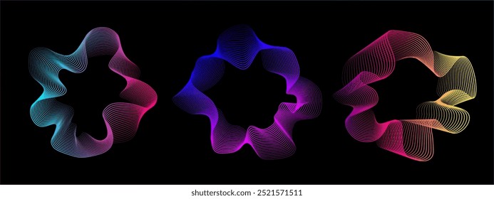 A set of multicolored neon sound waves. Sound lines, radial spectrum, sound equalizers. Colorful equalizer background. Colorful cover for music poster and banner. Vector radial spectrum.