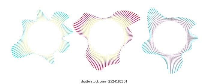 Set of multicolored neon sound waves. Sound lines, radial spectrum, sound equalizers. Circular geometric wavy frame. Vector radial spectrum. Multicolored audio lines clipart.