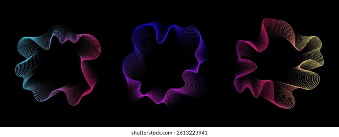 A set of multicolored neon sound waves. Sound dots lines, radial spectrum, . Colorful equalizer background. Colorful cover for music poster and banner. Vector radial spectrum.