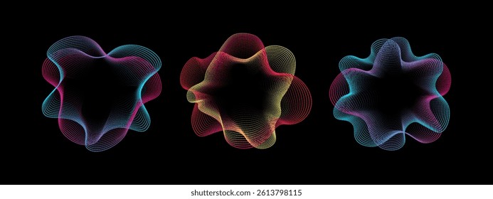 A set of multicolored neon sound waves. Sound doots lines, radial spectrum, . Colorful equalizer background. Colorful cover for music poster and banner. Vector radial spectrum.
