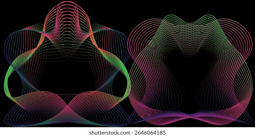 A set of multicolored neon sound waves. Sound lines, radial spectrum, sound equalizers. Colorful equalizer background. Circular geometric wavy frame. modern