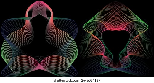 Um conjunto de ondas sonoras neon multicoloridas. Linhas de som, espectro radial, equalizadores de som. Fundo do equalizador colorido. Quadro ondulado geométrico circular. moderno