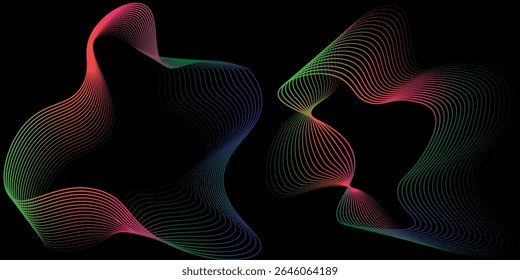 A set of multicolored neon sound waves. Sound lines, radial spectrum, sound equalizers. Colorful equalizer background. Circular geometric wavy frame. Vector radial spectrum.
