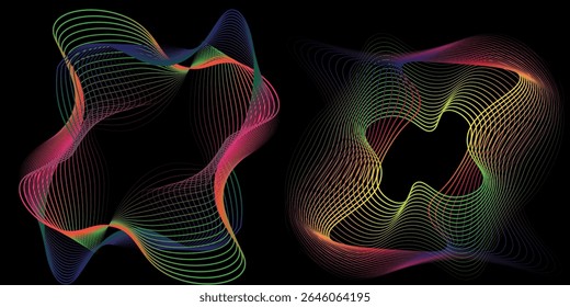 Un conjunto de ondas sonoras de neón multicolores. Líneas de sonido, espectro radial, ecualizadores de sonido. Fondo de ecualizador colorido. Marco ondulado geométrico circular. moderno