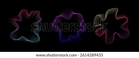 A set of multicolored neon sound waves. Sound dots lines, radial spectrum, sound equalizers. Colorful equalizer background. Circular geometric wavy frame. Vector radial spectrum.