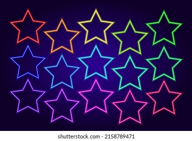 a set of multicolored neon stars with a contour of different colors. Vintage style on dark is a collection of vector neon icons of pentagonal stars of different colors on dark for your design template