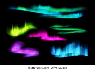 Set von mehrfarbigen Nordlichtern. Aurora Borealis. Helles Leuchten. Nordpol. Dynamische Neonstreifen. Atmosphärisches optisches Phänomen. Grafikelemente. Vektorgrafik einzeln auf schwarzem Hintergrund