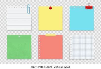 Set of multicolored note sheets with paper clip, pushpin and tape with shadow and on transparent background