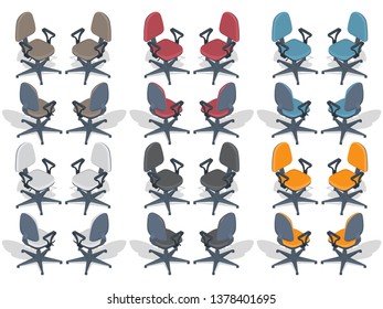 A set of multi-colored office chairs in different provisions.  Chairs for sitting with a shadow.Isolated.Elements for design.3D. Isometry. Vector illustration.